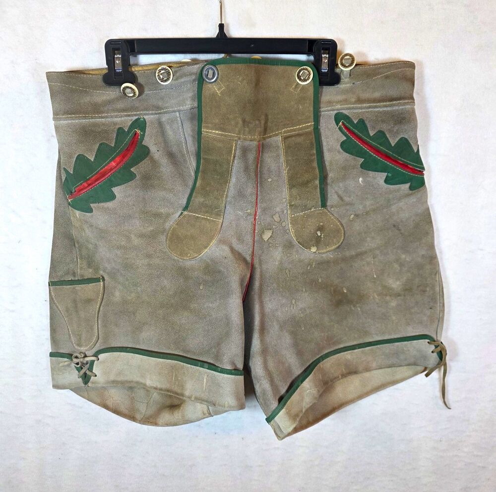 Traditional German Suede Leather Lederhosen Shorts Gray Green Trim Size S 0167